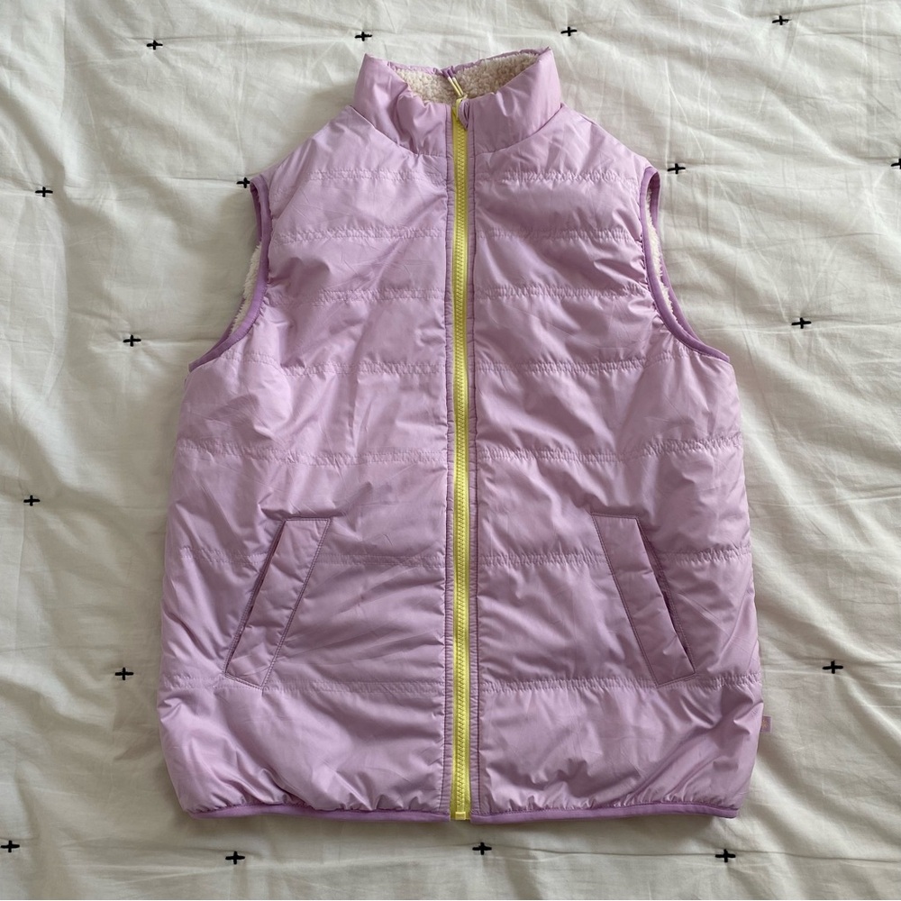 Athleta girl reversible so toasty Sherpa vest purple/neon green size L 12 NWOT